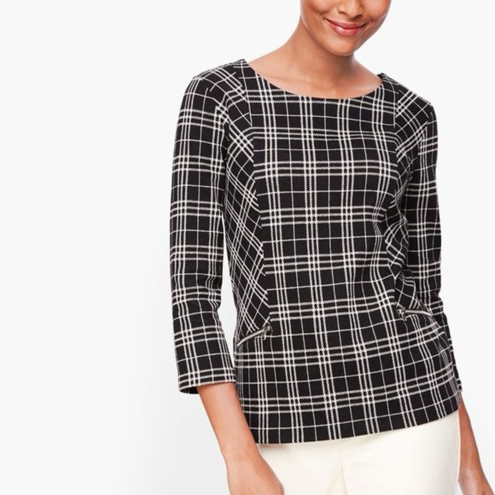 Talbots Zip Pocket Black and White Jacquard Top Size XS Career Minimalist